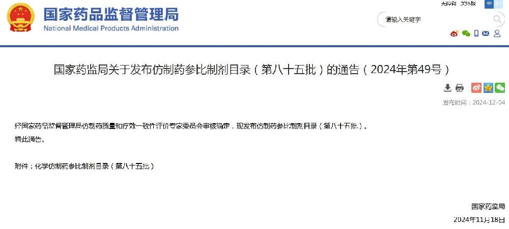 第八十五批仿制药参比制剂目录发布